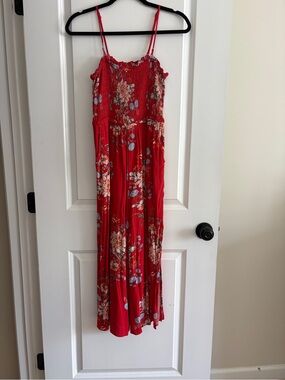 American Eagle Outfitters Red Floral Wide-Leg Jumpsuit